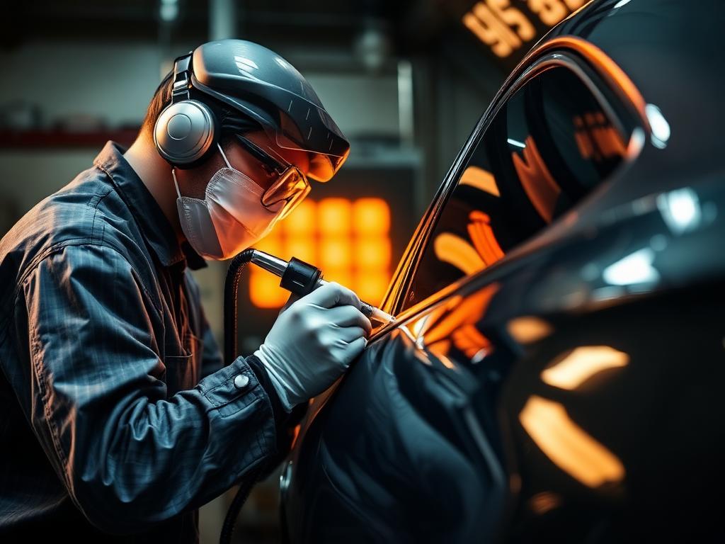 Painter refinishing a car panel inside a spray booth